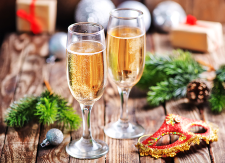 Christmas background, Christmas decoration and champagneの写真素材