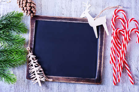 Christmas background, Christmas decoration and black board for noteの写真素材