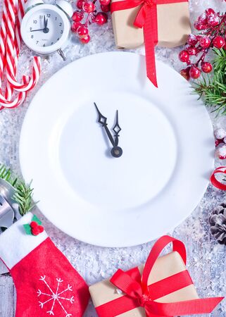 christmas background, christmas decoration on the wooden tableの写真素材