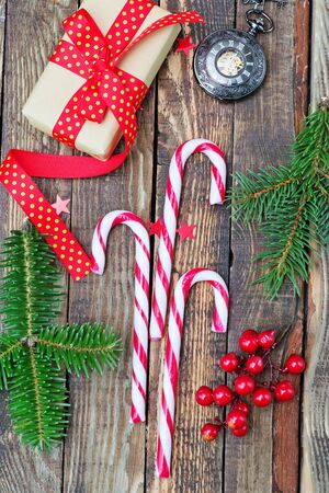 christmas background, christmas decoration on the wooden tableの写真素材