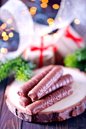 christmas sweety and christmas decoration on a tableの写真素材