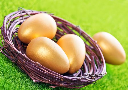 decorative painted Easter eggs on a table, easter background