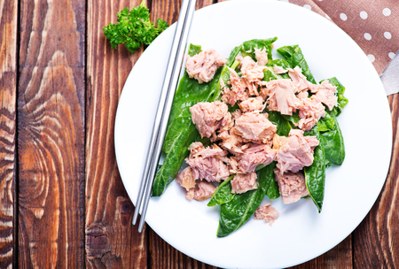 salad with tuna on plate and on a tableの写真素材