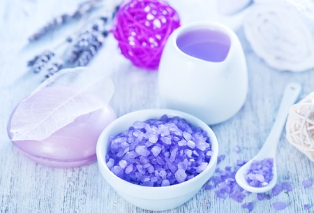 spa objects, lavender soap and towel on a tableの写真素材
