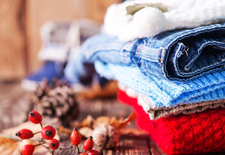 baby clothes on a table, autumn baby clothesの写真素材