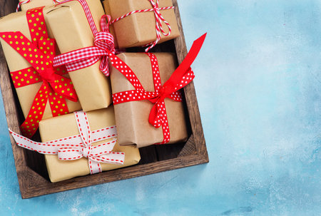 boxes for present with color ribbons, christmas gifts