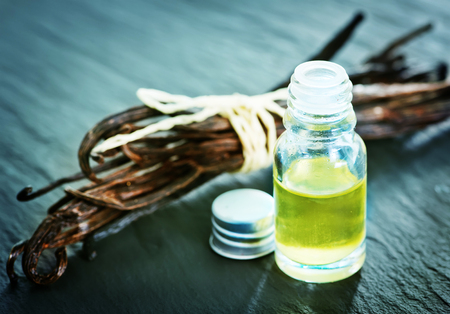 aroma oil in glass bottle, vanilla oilの写真素材