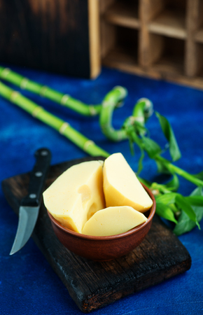 bamboo shoot in bowl and on a tableの写真素材