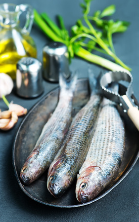 raw fish with salt and aroma spice on a tableの写真素材