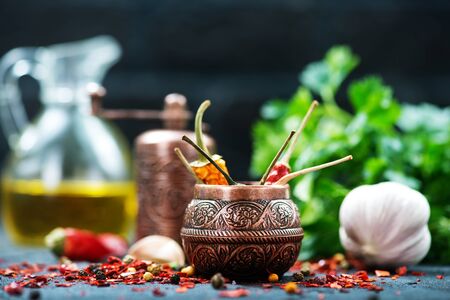spice and aroma oil on the kitchen tableの写真素材