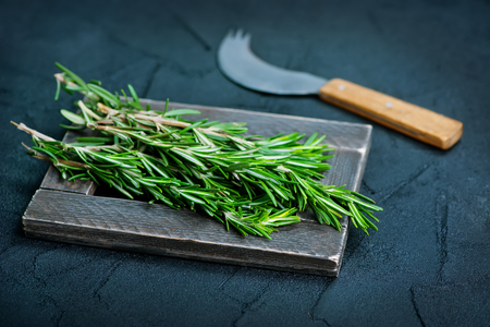 fresh rosemary on board and on a tableの写真素材