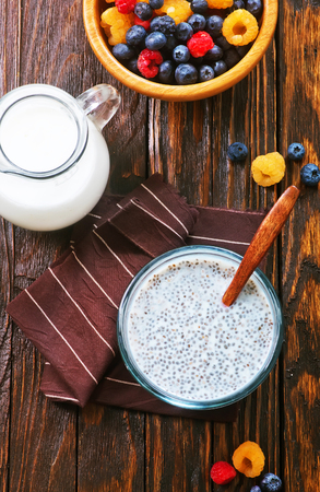 Chia pudding with fresh berries in the glassの写真素材