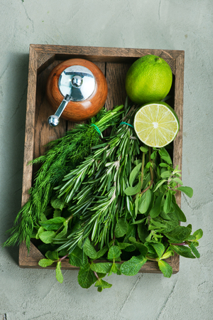 fresh herb in wooden box on a tableの写真素材