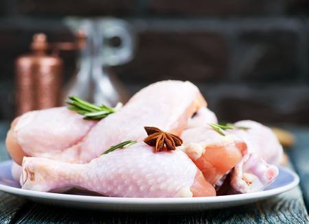 raw chicken legs on the metal plateの写真素材