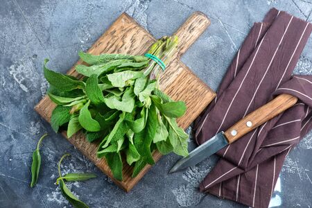fresh sage on wooden board and on a tableの写真素材