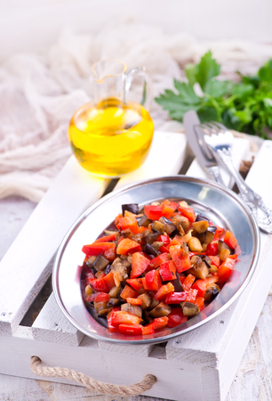 salad with fried eggplant and raw pepperの写真素材