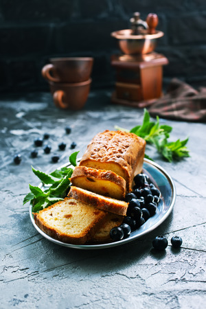 pie with fresh blueberry on a tableの写真素材