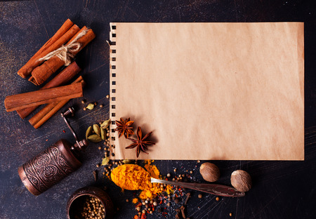 aroma spice, garlic and salt on a tableの写真素材