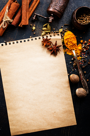 aroma spice, garlic and salt on a tableの写真素材