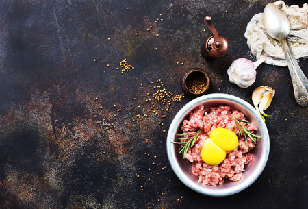Minced meat with raw egg and saltの写真素材