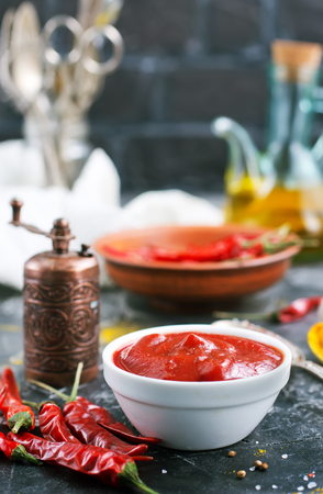 chilli sauce with spice on a tableの写真素材