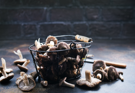 mushrooms in basket, raw mushroomsの写真素材