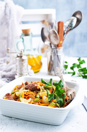 baked meat with green beans, meat with vegetables, stock photoの写真素材