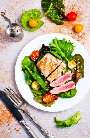 salad with fried tuna, fresh salad with fishの写真素材