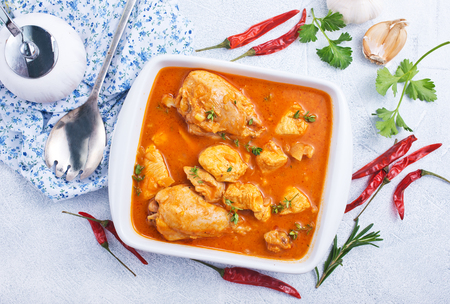Traditional Indian dish chicken. Spicy chicken curry in bowlの写真素材