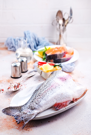 raw salmon fish with salt and spiceの写真素材