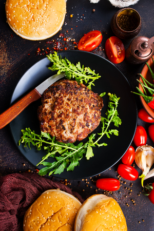 Products for preparation of burgers: buns, tomatoes, sauce, cutletsの写真素材