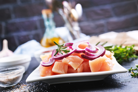 Slice raw chicken breast prepare for cooking. Raw chicken breast for healthy food.の写真素材
