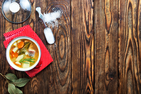 fish soup in bowl, fish soup with spice and greensの写真素材