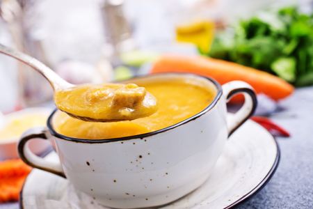carrot soup in bowl, diet food, fresh soupの写真素材