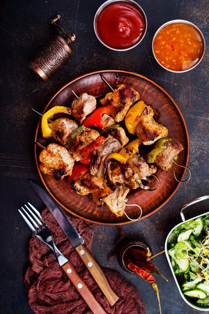 meat kebab with vegetables on plate, fresh kebab with sauceの写真素材