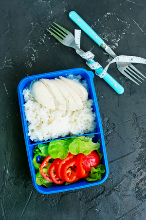 Diet food in lunch box, fresh dinner foodの写真素材