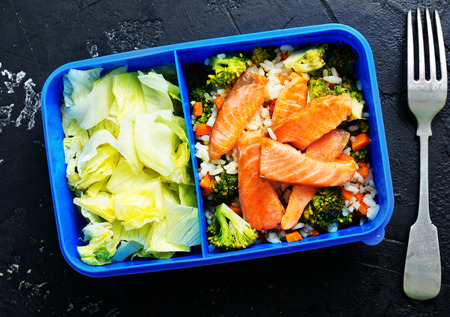 Diet food in lunch box, fresh dinner foodの写真素材