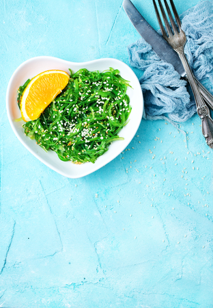 Chuka Seaweed Salad in ceramic bowl, chuka salad and sauceの写真素材
