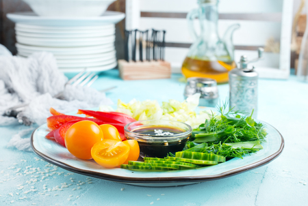 vegetables for salad, fresh vegetables and sauceの写真素材