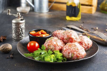 raw cutlets with salt and spice, minced meat on plateの写真素材
