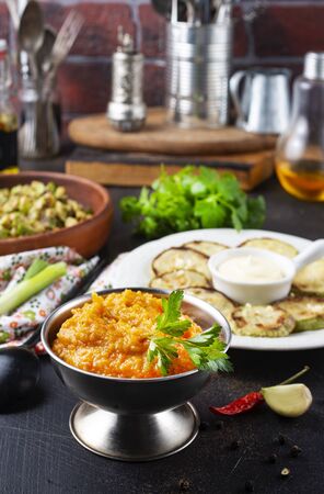 zucchini caviar and fried zucchini, zucchini dishesの写真素材