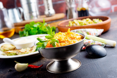 zucchini caviar and fried zucchini, zucchini dishesの写真素材