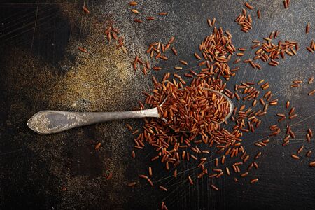 brown rice on a table, raw riceの写真素材