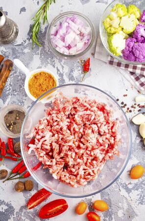 minced meat with salt and spice, raw minced meatの写真素材