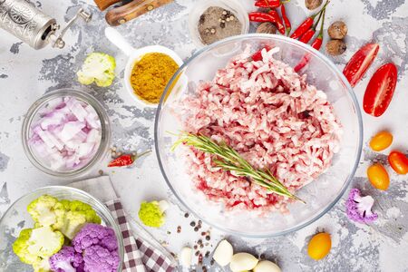 minced meat with salt and spice, raw minced meatの写真素材