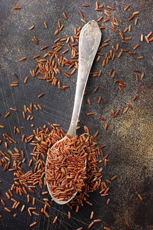 brown rice on a table, raw riceの写真素材