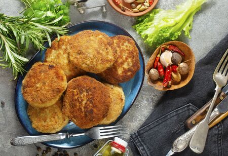 fried chicken cutlets, cutlets from chicken on plateの写真素材