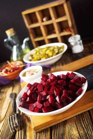 ingredients for beet salad, boiled beet and cucumberの写真素材