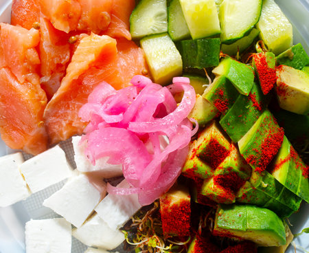 salad with avocado salmon feta, diet food