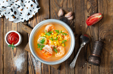 shrimp soup, soup with shrimps and corn
